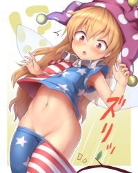 Rule 34 | !?, 1girl, :o, american flag, american flag legwear, armpit peek, blonde hair, blush, border, branch, breasts, clothes pull, clownpiece, fairy wings, groin, hat, highres, jester cap, long hair, looking down, navel, neck ruff, no panties, pantyhose, pantyhose pull, polka dot, purple hat, red eyes, shiratsuki shiori, shirt, short sleeves, small breasts, solo, star (symbol), star print, stomach, striped, surprised, sweat, touhou, transparent wings, white border, wings
