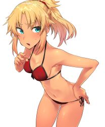 1girl absurdres armpits bikini blonde_hair breasts commentary_request fate/grand_order fate_(series) green_hair hand_on_own_hip highres komugiko_(bitte_komu) medium_breasts mordred_(fate) mordred_(fate)_(all) mordred_(swimsuit_rider)_(fate) mordred_(swimsuit_rider)_(first_ascension)_(fate) navel red_bikini side-tie_bikini_bottom solo swimsuit tan thighs white_background