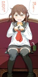 Rule 34 | 10s, 1girl, brown eyes, brown hair, comic, commentary request, couch, crossed fingers, fang, gomennasai, hair ornament, hairclip, highres, ikazuchi (kancolle), kantai collection, looking at viewer, open mouth, panties, pantyshot, pleated skirt, school uniform, serafuku, short hair, sitting, skirt, solo, underwear, white panties, x fingers