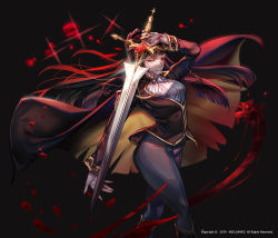 Rule 34 | 1girl, black background, black hair, black pants, blood, closed mouth, english text, erga kenesis di raskreia, hero cantare, highres, holding, holding sword, holding weapon, long sleeves, looking at viewer, noblesse, official art, pants, red eyes, standing, sword, weapon, yagaaaa