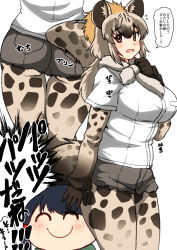 Rule 34 | 2girls, ^ ^, animal ears, animal print, arm at side, ass, black hair, blush, bodystocking, breast pocket, breasts, brown eyes, brown gloves, brown hair, captain (kemono friends), chibi, chibi inset, closed eyes, flustered, flying sweatdrops, from behind, fur scarf, gloves, grey hair, grey shorts, hand up, highres, hyena ears, hyena girl, hyena tail, isna (footprintsofisna), kemono friends, kemono friends 3, large breasts, light brown hair, long hair, looking at viewer, lower body, multicolored hair, multiple girls, multiple views, pocket, print sleeves, scarf, shirt, short hair, short shorts, short sleeves, shorts, smile, spotted hyena (kemono friends), tail, thigh gap, three quarter view, translation request, tree, white shirt