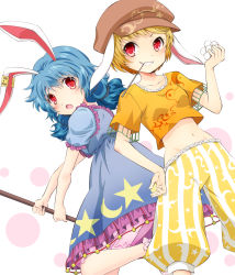 Rule 34 | 2girls, animal ears, back-to-back, blonde hair, bloomers, blue dress, blue hair, blush, rabbit ears, dango, dress, dutch angle, flat cap, floppy ears, food, grin, hammer, hat, highres, komiru, looking at viewer, low twintails, midriff, mouth hold, multiple girls, navel, open mouth, orange shirt, pants, puffy sleeves, red eyes, ringo (touhou), seiran (touhou), shirt, short hair, short sleeves, smile, touhou, twintails, underwear, wagashi, white background