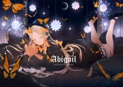 Rule 34 | 1girl, abigail williams (fate), absurdres, black bow, black dress, black footwear, black hat, blonde hair, blue eyes, bow, bug, butterfly, character name, check copyright, commentary, copyright name, copyright request, crescent moon, dress, english commentary, fate/grand order, fate (series), frills, full body, hair bow, hat, highres, holding, holding stuffed toy, insect, lying, monarch butterfly, moon, night, on stomach, orange bow, pillow, shoes, signature, solo, stuffed animal, stuffed toy, teddy bear, window, wooden floor, yoimon