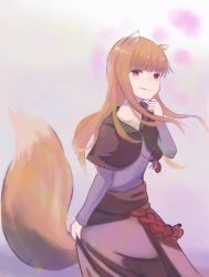 Rule 34 | 1girl, animal ears, blue dress, brown hair, dress, grin, highres, holo, long hair, long sleeves, looking at viewer, red eyes, senzanco, smile, solo, spice and wolf, standing, tail, very long hair, wolf ears, wolf tail