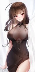 Rule 34 | 1girl, ahoge, ankkoyom, bad id, bad pixiv id, bare shoulders, blunt bangs, blush, breasts, brown hair, cleavage, curtain grab, curtains, dress, dsr-50 (girls&#039; frontline), dsr-50 (highest bid) (girls&#039; frontline), earrings, evening gown, gem, girls&#039; frontline, gold, hair ornament, highres, jewelry, large breasts, light particles, long hair, looking at viewer, official alternate costume, parted lips, pelvic curtain, red eyes, red gemstone, sidelocks, signature, smile, solo, thighs, very long hair