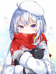 Rule 34 | 1girl, ahoge, animal, beret, black cat, blush, breath, cat, closed eyes, coat, commentary request, fur-trimmed sleeves, fur trim, furrowed brow, gloves, gradient background, hat, holding, holding animal, long hair, long sleeves, looking at viewer, myuton, original, print scarf, purple eyes, red scarf, scarf, silver hair, sleeping, snowflake print, solo, upper body, white coat, white gloves, white hat, winter clothes, winter coat