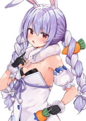 Rule 34 | 1girl, absurdres, animal ear fluff, animal ears, armpit peek, bare shoulders, black gloves, black leotard, blue hair, blush, bow, braid, breasts, carrot hair ornament, commentary request, detached sleeves, don-chan (usada pekora), dress, food-themed hair ornament, fur-trimmed gloves, fur trim, gloves, hair between eyes, hair bow, hair ornament, hand up, highres, hololive, leotard, long hair, looking at viewer, multicolored hair, parted lips, puffy short sleeves, puffy sleeves, rabbit ears, racchi., red eyes, short eyebrows, short sleeves, simple background, small breasts, solo, strapless, strapless dress, strapless leotard, thick eyebrows, twin braids, twintails, two-tone hair, upper body, usada pekora, usada pekora (1st costume), very long hair, virtual youtuber, white background, white bow, white dress, white hair, white sleeves
