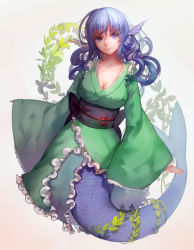 Rule 34 | 1girl, bad id, bad pixiv id, blue eyes, breasts, cleavage, collarbone, fins, head fins, hoshimawa, japanese clothes, kimono, large breasts, long hair, looking at viewer, mermaid, monster girl, obi, plant, sash, smile, solo, touhou, vines, wakasagihime, wide sleeves