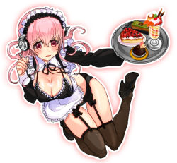 Rule 34 | 1girl, alternate costume, breasts, cleavage, cream, enmaided, female focus, food, frills, garter belt, gradient background, headphones, high heels, large breasts, long hair, looking at viewer, maid, maid headdress, nitroplus, no pants, open mouth, panties, parfait, pink hair, rai su, red eyes, solo, super sonico, thighhighs, tray, underwear, wavy mouth