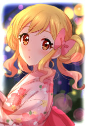 Rule 34 | 10s, 1girl, :o, absurdres, aikatsu! (series), aikatsu stars!, blonde hair, blurry, blurry background, blush, bow, depth of field, floral print, from side, gradient hair, hair bow, highres, japanese clothes, kimono, looking at viewer, multicolored hair, nijino yume, orange eyes, parted lips, pink bow, pink kimono, sekina, short hair, solo, upper body