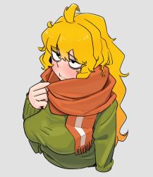 Rule 34 | 1girl, ahoge, alternate eye color, bad id, bad twitter id, bags under eyes, black eyes, blonde hair, breasts, closed mouth, commentary, cookie (touhou), expressionless, green sweater, highres, kirisame marisa, large breasts, long hair, looking afar, mars (cookie), ohasi, orange scarf, scarf, scarf pull, simple background, solo, sweater, touhou, upper body