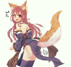 Rule 34 | 1girl, :o, ^^^, animal ears, artist request, ass, bare shoulders, blue kimono, blue thighhighs, blush, bow, clothing cutout, cosplay, detached sleeves, embarrassed, fate (series), fox ears, fox tail, from behind, hair bow, japanese clothes, kamikaze (kancolle), kantai collection, kimono, long hair, looking at viewer, looking back, obi, red eyes, red hair, sash, short kimono, simple background, solo, tail, tail through clothes, tamamo (fate), tamamo cat (fate), tamamo no mae (fate/extra), tamamo no mae (fate/extra) (cosplay), thighhighs, white background