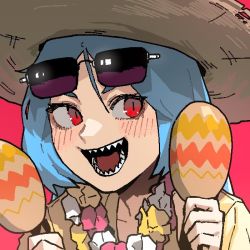 Rule 34 | 1girl, :d, blue hair, blush, borrowed character, close-up, commentary, english commentary, eyewear on head, gogalking, hat, holding, holding instrument, instrument, maracas, open mouth, original, red background, red eyes, same-chan (ssangbong-llama), sharp teeth, slit pupils, smile, solo, straw hat, sunglasses, teeth, upper body, wreath