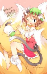 Rule 34 | 1girl, :3, animal ears, bow, braid, brown eyes, brown hair, cat ears, cat tail, chen, dress, ear piercing, fang, fox tail, hat, highres, hugging another&#039;s tail, hugging tail, ibaraki natou, large tail, long sleeves, looking at viewer, mob cap, multiple tails, nail polish, nekomata, one eye closed, open mouth, piercing, red dress, red nails, shirt, single braid, single sock, slit pupils, socks, tail, tail wrap, touhou, two tails, yakumo ran