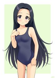 Rule 34 | 1girl, adjusting clothes, adjusting swimsuit, aged down, black hair, blue one-piece swimsuit, blush, breasts, commentary request, cowboy shot, egami tsubaki, green background, hand on own chest, highres, idolmaster, idolmaster cinderella girls, long hair, looking at viewer, new school swimsuit, one-piece swimsuit, parted bangs, purple eyes, school swimsuit, small breasts, smile, solo, swimsuit, thighs, wgm oekaki