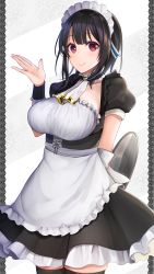 Rule 34 | 1girl, absurdres, alternate costume, apron, arm behind back, ascot, black border, black dress, black hair, blush, border, breasts, cowboy shot, dress, enmaided, highres, kantai collection, large breasts, looking at viewer, maid, maid apron, maid headdress, outside border, red eyes, short hair, short sleeves, simple background, smile, solo, standing, takao (kancolle), thighhighs, tray, two-tone background, upper body, yunamaro