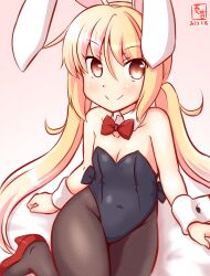 Rule 34 | 1girl, animal ears, artist logo, bare shoulders, black leotard, black pantyhose, blanket, blonde hair, blush, bow, bowtie, breasts, dated, detached collar, fake animal ears, kanon (kurogane knights), kantai collection, leotard, long hair, looking at viewer, low twintails, one-hour drawing challenge, pantyhose, playboy bunny, rabbit ears, red footwear, satsuki (kancolle), sitting, small breasts, smile, solo, strapless, strapless leotard, twintails, wrist cuffs, yellow eyes
