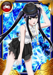 Rule 34 | 00s, 1girl, black hair, card (medium), female focus, hair ornament, hat, ikkitousen, jewelry, long hair, looking at viewer, necklace, official art, open mouth, saji genpou (true), solo, torn clothes, twintails, yellow eyes