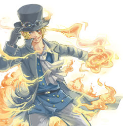 Rule 34 | 1boy, absurdres, blonde hair, ascot, fire, gloves, goggles, goggles on headwear, hand on headwear, hat, highres, jacket, magic, male focus, one piece, sabo (one piece), scar, solo, top hat