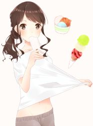 Rule 34 | 1girl, beige background, black shorts, brown eyes, brown hair, clothes pull, commentary request, food, groin, hot, ice cream, ice cream cone, long hair, looking at viewer, navel, original, ponytail, popsicle, shirt, shirt pull, short sleeves, shorts, sidelocks, simple background, solo, sweatdrop, tsukino (kjdhfap), white background, white shirt