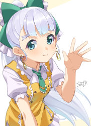 Rule 34 | 1girl, blush, bow, closed mouth, collared shirt, commentary request, dress, earrings, frilled bow, frilled dress, frills, green bow, green eyes, green necktie, grey hair, hair bow, hand up, jewelry, long hair, necktie, original, ponytail, puffy short sleeves, puffy sleeves, shirt, short necktie, short sleeves, signature, sleeveless, sleeveless dress, smile, solo, thick eyebrows, tyuga, very long hair, white shirt, yellow dress