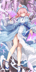 Rule 34 | 1girl, ankle garter, blue bow, blue hat, blue kimono, blue ribbon, bow, breasts, cherry blossoms, folding fan, frilled kimono, frilled sleeves, frills, full body, hair between eyes, hand fan, haruri, hat, highres, holding, holding fan, japanese clothes, kimono, large breasts, light smile, long sleeves, looking at viewer, medium hair, mob cap, neck ribbon, obi, okobo, open mouth, pink hair, red eyes, ribbon, saigyouji yuyuko, sandals, sash, short hair, sleeve garter, socks, solo, touhou, tree, triangular headpiece, wavy hair, white socks, wide sleeves