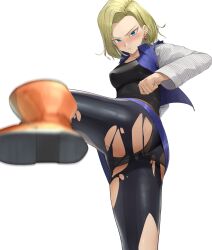 Rule 34 | 1girl, absurdres, android 18, ano (gccx8784), ass, black leggings, black panties, black shirt, blonde hair, blue eyes, blue skirt, blurry, blush, boots, breasts, clenched hand, closed mouth, collared vest, commentary request, depth of field, dragon ball, dragonball z, earrings, eyelashes, highres, jewelry, leg up, leggings, long sleeves, looking at viewer, medium breasts, motion blur, open clothes, open vest, orange footwear, panties, pantyhose, pantylines, shirt, short hair, simple background, skirt, solo, torn clothes, torn leggings, underwear, vest, white background