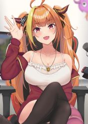 Rule 34 | 1girl, ahoge, arm up, bare shoulders, black ribbon, black thighhighs, blonde hair, blunt bangs, blurry, blurry background, bow, breasts, bright pupils, camisole, chair, cleavage, collarbone, commentary request, crossed legs, diagonal-striped bow, dragon girl, dragon horns, dragon tail, fangs, feet out of frame, frilled camisole, frills, gaming chair, hair intakes, hair ribbon, highres, hololive, horn bow, horn ornament, horns, indoors, jacket, jewelry, kiryu coco, kiryu coco (loungewear), kiryu coco (dragon), large breasts, light blush, long hair, long sleeves, looking at viewer, monitor, multicolored hair, nintendo switch, off shoulder, official alternate costume, open clothes, open jacket, open mouth, orange hair, pendant, pointy ears, potemaka, red eyes, red jacket, ribbon, see-through, sidelocks, sitting, skin fangs, solo, spaghetti strap, streaked hair, striped, striped bow, swivel chair, tail, thighhighs, track jacket, twintails, virtual youtuber, waving, white camisole, white pupils