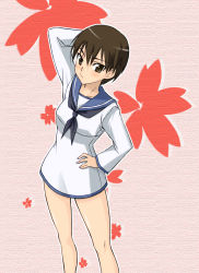 Rule 34 | 1girl, arm up, bad id, bad pixiv id, brown eyes, brown hair, hand on own hip, hip focus, no pants, sailor, sayu (mio-mosa), short hair, solo, strike witches, strike witches zero, wakamoto tetsuko, world witches series