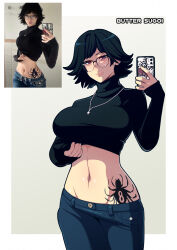 Rule 34 | 1girl, artist name, black hair, breasts, butter sugoi, cellphone, clothes lift, clothes pull, cowboy shot, cross, cross necklace, denim, glasses, groin, highres, hip tattoo, holding, holding phone, hunter x hunter, jeans, jewelry, large breasts, lips, medium hair, midriff, navel, necklace, pants, pants pull, phone, photo-referenced, photo inset, purple eyes, reference inset, reference photo, shirt lift, shizuku murasaki, smartphone, smartphone case, solo, spider tattoo, tattoo, turtleneck