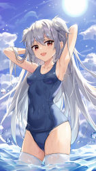 Rule 34 | 1girl, :d, armpits, arms behind head, arms up, bare arms, bare shoulders, beten, blue one-piece swimsuit, blue sky, breasts, cloud, commentary, covered navel, day, grey hair, hair between eyes, highres, long hair, old school swimsuit, one-piece swimsuit, open mouth, original, outdoors, red eyes, school swimsuit, sky, small breasts, smile, solo, standing, sun, swimsuit, thighhighs, two side up, very long hair, wading, water, white thighhighs