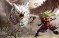 Rule 34 | 1girl, battle, blonde hair, boots, capelet, character request, chinese commentary, cishi nianshao, copyright request, dress, fighting stance, from behind, gloves, griffin, highres, long hair, monster, motion blur, outdoors, ponytail, ready to draw, red capelet, red dress, scabbard, sheath, solo, sword, talons, weapon, white gloves