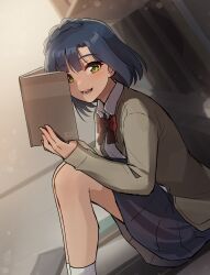Rule 34 | 1girl, blue hair, blunt bangs, blush, book, bookshelf, bow, bowtie, braid, brown cardigan, cardigan, commentary request, dark blue hair, dutch angle, highres, holding, holding book, idolmaster, idolmaster million live!, kamille (vcx68), knees up, looking at viewer, nanao yuriko, partial commentary, pleated skirt, red bow, red bowtie, redrawn, school uniform, short hair, sitting, skirt, smile, solo