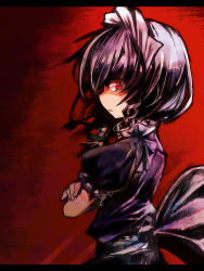 Rule 34 | 1girl, angry, female focus, hairband, izayoi sakuya, maid, red background, red eyes, red theme, ribbon, short hair, silver hair, solo, embodiment of scarlet devil, touhou, ukyo rst