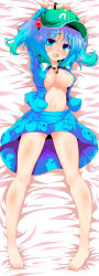 Rule 34 | 1girl, barefoot, bdsm, blue eyes, blue hair, blush, bondage, bound, bound wrists, breasts, cleavage, dakimakura (medium), feet, female focus, full body, hair bobbles, hair ornament, hat, highres, kawashiro nitori, key, large breasts, matching hair/eyes, navel, open clothes, open mouth, open shirt, shirt, short hair, solo, sw (taco), tears, touhou, twintails, two side up
