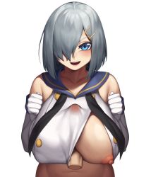 Rule 34 | breasts, cinko, cosplay, crop top, elbow gloves, gloves, hair ornament, hair over one eye, hairclip, hamakaze (kancolle), hetero, highres, kantai collection, large breasts, nipples, paizuri, paizuri under clothes, penis, sailor collar, shimakaze (kancolle) (cosplay), shimakaze (kancolle), silver hair, solo focus, white gloves