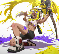 Rule 34 | bike shorts, black shorts, blonde hair, bow (weapon), breasts, headphones, highres, holding, holding bow (weapon), holding weapon, inkling, inkling girl, inkling player character, lips, long hair, looking at viewer, loped, navel, nintendo, open mouth, shirt, short sleeves, shorts, small breasts, smile, splatoon (series), splatoon 3, teeth, tentacle hair, underboob, weapon, white shirt, yellow eyes, yellow lips