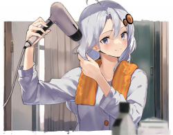 Rule 34 | 1girl, ahoge, arm up, blue eyes, blurry, blurry foreground, blush, closed mouth, commentary request, cropped torso, depth of field, grey hair, hair between eyes, hair dryer, hair ornament, hand up, highres, holding, kizuna akari, lamb (hitsujiniku), long hair, looking at viewer, shirt, smile, solo, towel, towel around neck, upper body, very long hair, voiceroid, white shirt