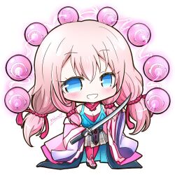 Rule 34 | 1girl, beads, blue camisole, blue eyes, blush, camisole, camisole over clothes, chibi, commentary, detached collar, electricity, floating, floating object, full body, holding, holding sword, holding weapon, japanese clothes, juzumaru tsunetsugu (tenka hyakken), kimono, long hair, long sleeves, low-tied sidelocks, low twintails, open mouth, orb, pink eyes, pink footwear, pink hair, pink kimono, pink shirt, pink thighhighs, plaid clothes, plaid skirt, shirt, skirt, solo, standing, sword, tachi (weapon), teeth, tenka hyakken, thighhighs, tubasa49, twintails, twitter username, weapon, white background, wide sleeves