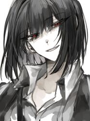 Rule 34 | 1girl, black coat, black hair, bob cut, coat, collared shirt, highres, limbus company, looking at viewer, luull, open mouth, project moon, red eyes, ryoshu (project moon), shirt, short hair, simple background, smile, solo, white background, white shirt