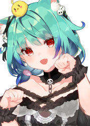 Rule 34 | 1girl, absurdres, ahoge, animal ears, bare shoulders, bird, black dress, blue hair, blush, bow, cat ears, chick, choker, collarbone, dress, ear piercing, ear ribbon, fang, frilled straps, gothic lolita, gradient hair, green hair, hair ornament, hair ribbon, highres, hololive, lace, lace choker, lolita fashion, looking at viewer, low twintails, multicolored hair, nabeniuitagomi, necromancer, off-shoulder dress, off shoulder, open mouth, paw pose, piercing, piyoko (uruha rushia), pom pom (clothes), red eyes, ribbon, short hair, short twintails, sidelocks, simple background, skin fang, skull hair ornament, solo, twintails, uruha rushia, uruha rushia (3rd costume), virtual youtuber, white background, wristband