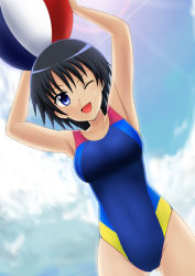 Rule 34 | 10s, 1girl, ;d, ball, beachball, black hair, blue eyes, blush, cloud, competition swimsuit, day, dog days, fuuma nagi, md5 mismatch, one-piece swimsuit, one eye closed, open mouth, short hair, smile, solo, swimsuit, takatsuki nanami, wink