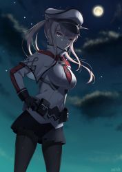 Rule 34 | 10s, 1girl, backlighting, bag, black gloves, black pantyhose, black skirt, blonde hair, blue eyes, breasts, cross, dark, expressionless, female focus, full body, gloves, graf zeppelin (kancolle), hand on own hip, hat, iron cross, kantai collection, large breasts, long sleeves, looking at viewer, military, miniskirt, necktie, night, night sky, pantyhose, peaked cap, pleated skirt, short hair, sidelocks, skirt, sky, solo, standing, star (sky), starry sky, two side up, you06