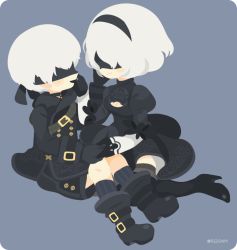 Rule 34 | 1boy, 1girl, 2b (nier:automata), 9s (nier:automata), :d, belt, black dress, black gloves, black hairband, blindfold, boots, breasts, cleavage cutout, closed mouth, clothing cutout, dress, gloves, grey thighhighs, hairband, high heel boots, high heels, holding hands, juliet sleeves, long sleeves, medium breasts, mole, mole under mouth, nier:automata, nier (series), open mouth, puffy sleeves, rizu (rizunm), short hair, smile, socks, striped clothes, striped socks, striped thighhighs, thigh boots, thighhighs, twintails, vertical-striped clothes, vertical-striped socks, vertical-striped thighhighs, white hair, zettai ryouiki