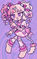 Rule 34 | 1girl, abstract background, apron, arm at side, armband, back bow, bandaid, bandaid on arm, bandaid on face, bandaid on knee, bandaid on leg, bandaid on nose, barefoot, bow, cellphone, commission, curly hair, decora, dot nose, dress, flip phone, floating, frilled anklet, frilled armband, frills, full body, grin, hair bow, hair ornament, hairclip, heart, hikimayu, holding, holding phone, horns, knees together feet apart, layered clothes, leg warmers, long eyelashes, medium hair, nail polish, nekozneko, open hand, open mouth, original, parted bangs, phone, pigeon-toed, pink background, pink bow, pink eyes, pink nails, pocket, puffy short sleeves, puffy sleeves, purple background, purple eyes, raised eyebrows, shirt, short sleeves, small horns, smile, solo, star (symbol), sticker on face, striped bow, striped horns, tail, twintails, two-tone eyes, white shirt, wispy bangs