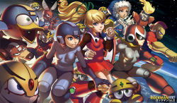 Rule 34 | 4girls, android, arm cannon, beat (mega man), bird, blonde hair, blue eyes, bodysuit, bomb man, boots, breasts, capcom, clenched hand, clenched hands, coat, copyright name, covered navel, cross, cut man, dcwj, dog, dress, elec man, everyone, fighting stance, fire, fire man, floating hair, flying, fur trim, gem, genderswap, genderswap (mtf), glint, gloves, green eyes, grin, guts man, hair ribbon, helmet, highres, hood, ice man, joints, knee boots, lightning bolt symbol, long hair, looking at viewer, mask, mega man (character), mega man (classic), mega man (series), mega man 1, met (mega man), multiple girls, muscular, non-humanoid robot, open mouth, planet, ponytail, proto man, red cross, red dress, ribbon, robot, robot animal, robot dog, robot joints, roll (mega man), rush (mega man), scarf, scissors, short dress, sidelocks, sky, small breasts, smile, space, star (sky), starry sky, sunglasses, weapon