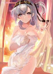 Rule 34 | 1girl, black headband, blush, breasts, clothes writing, covered navel, curtains, eriyama e, grey eyes, hachimaki, headband, highres, kantai collection, large breasts, naked towel, one side up, see-through, silver hair, solo, suzutsuki (kancolle), towel, white towel, window