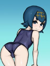 Rule 34 | 1girl, alternate color, arm support, ass, bare shoulders, bent over, blue eyes, blue hair, blunt bangs, closed mouth, cowboy shot, creatures (company), female focus, from behind, game freak, hairband, lana (pokemon), nintendo, npc trainer, one-piece swimsuit, pokemon, pokemon (anime), pokemon sm, shiny skin, simple background, smile, solo, swimsuit, trial captain, wabaki