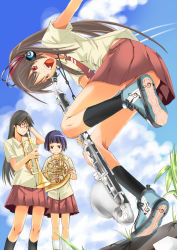 Rule 34 | alto clarinet, ass, bad id, bad pixiv id, brown hair, clarinet, french horn, glasses, happy, headphones, instrument, legs, long hair, musical note, necktie, open mouth, original, pipa, purple hair, red eyes, school uniform, shoes, short hair, skirt, sneakers, trumpet