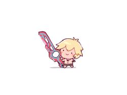 Rule 34 | 1boy, blonde hair, blue eyes, chibi, commentary, english commentary, jeto (jetopyon), looking at viewer, male focus, monado, nintendo, short hair, shulk (xenoblade), simple background, smile, solo, super smash bros., sword, trouser, weapon, white background, xenoblade chronicles 1, xenoblade chronicles (series)